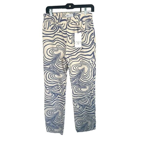 Zara Purple Swirl Printed High Rise Straight Leg Denim Jeans Womens 4 Hippie - Picture 1 of 7